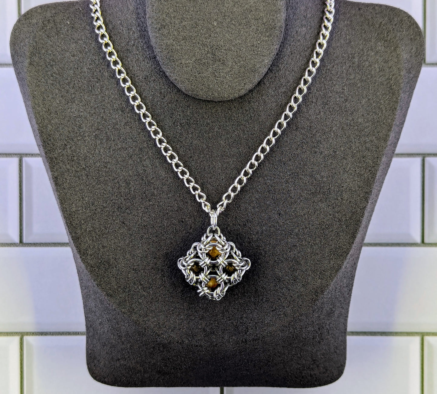 Stained Glass Chainmaille Pendant Necklace - Tiger Eye