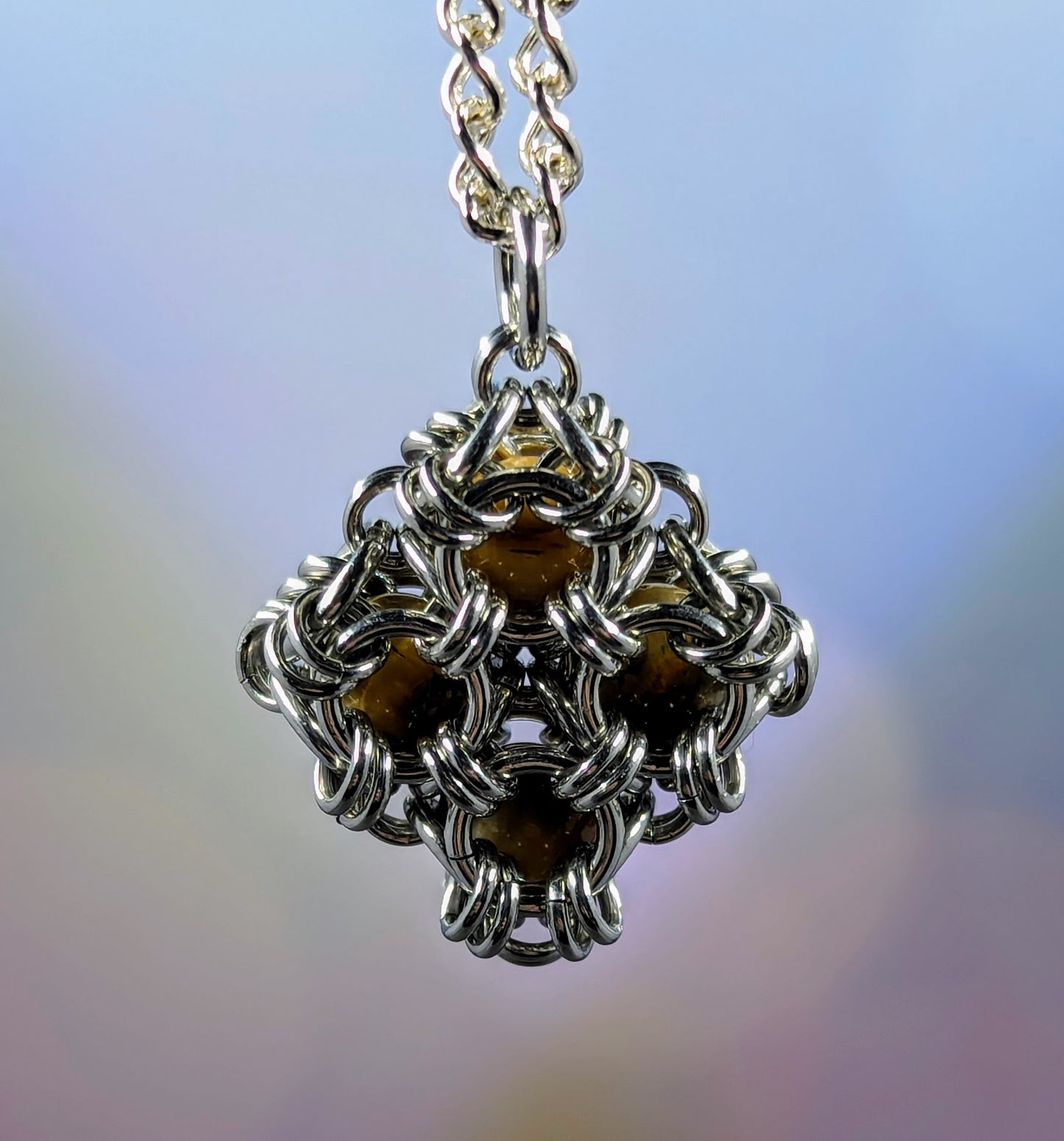 Stained Glass Chainmaille Pendant Necklace - Tiger Eye