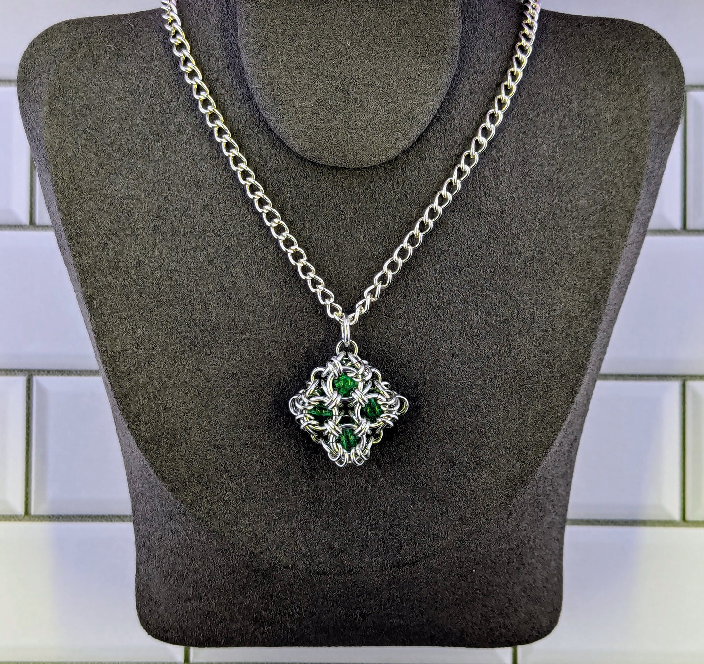 Stained Glass Chainmaille Pendant Necklace - Colored Glass Beads