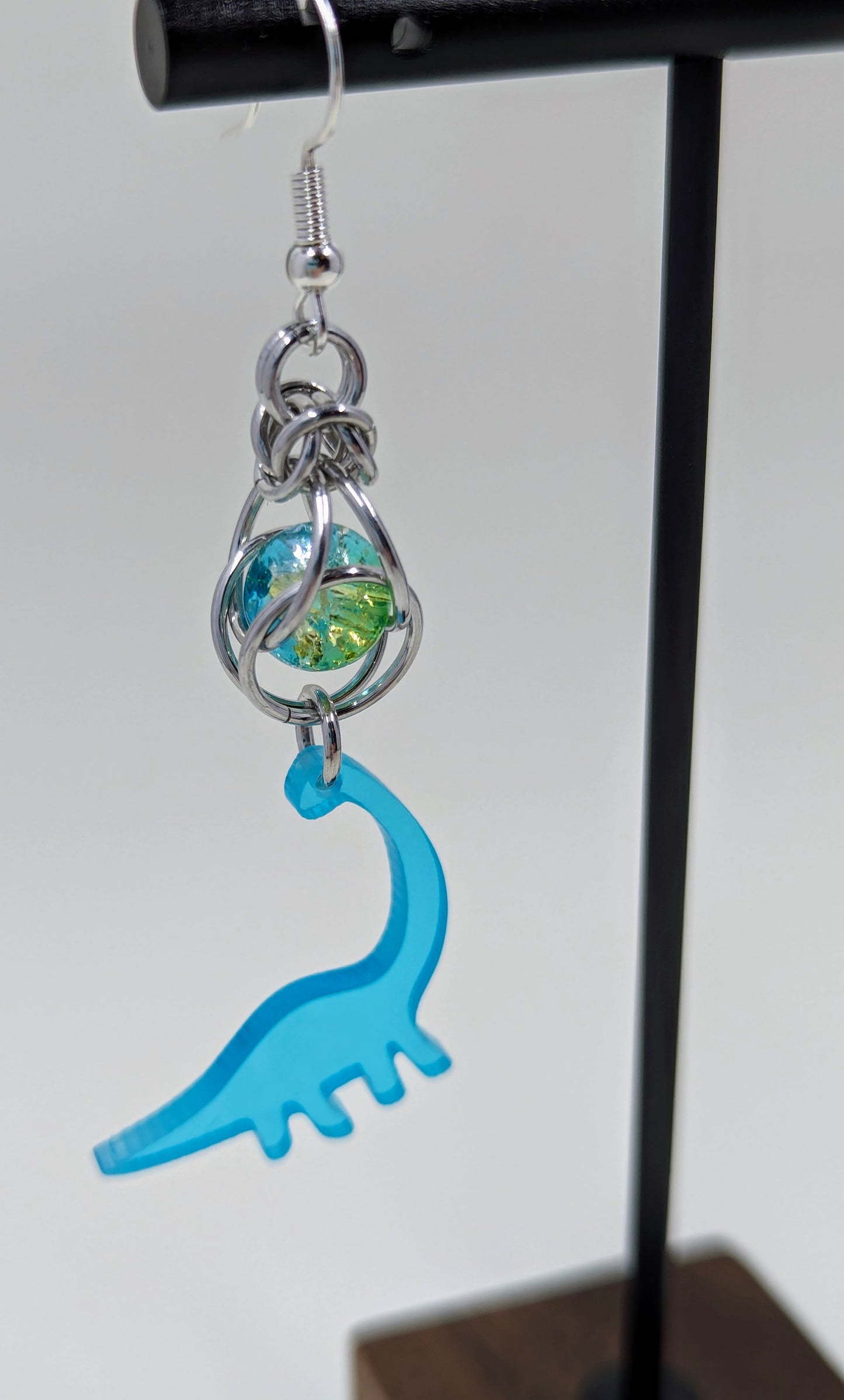 Handmade Captive Bead Chainmaille Drop Earrings with Dinosaur Charm
