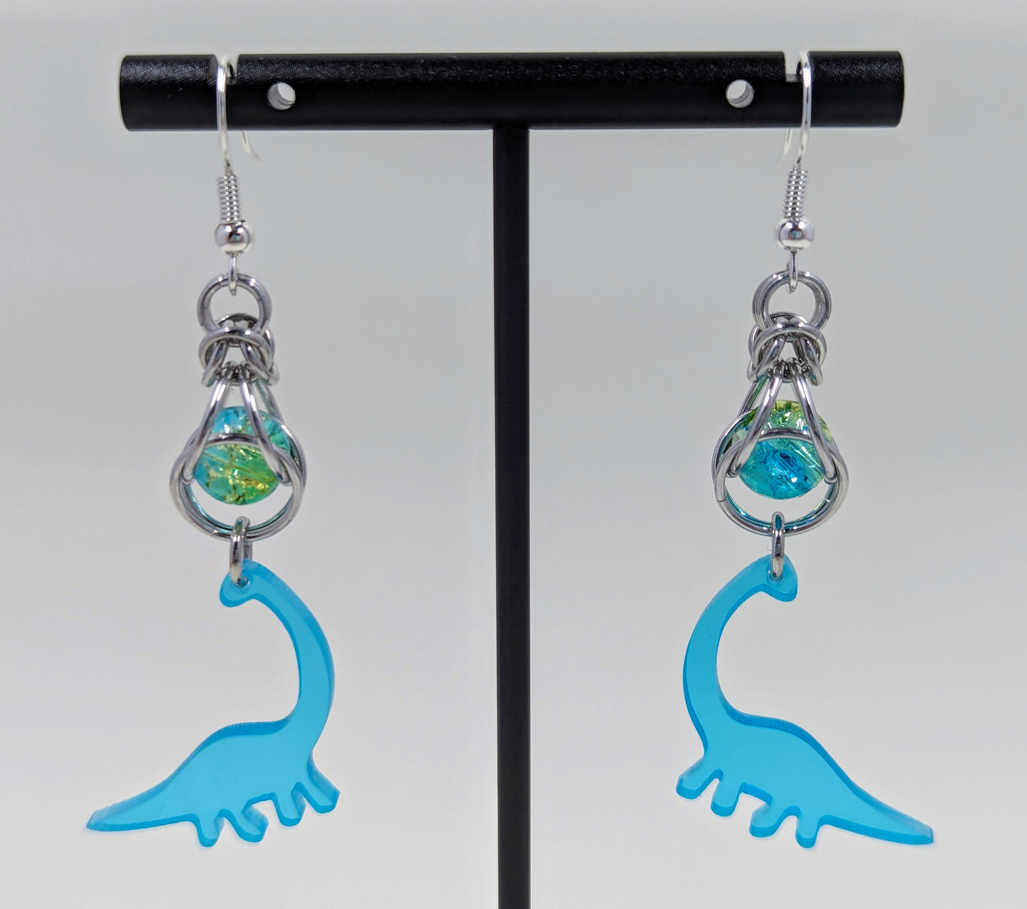 Handmade Captive Bead Chainmaille Drop Earrings with Dinosaur Charm