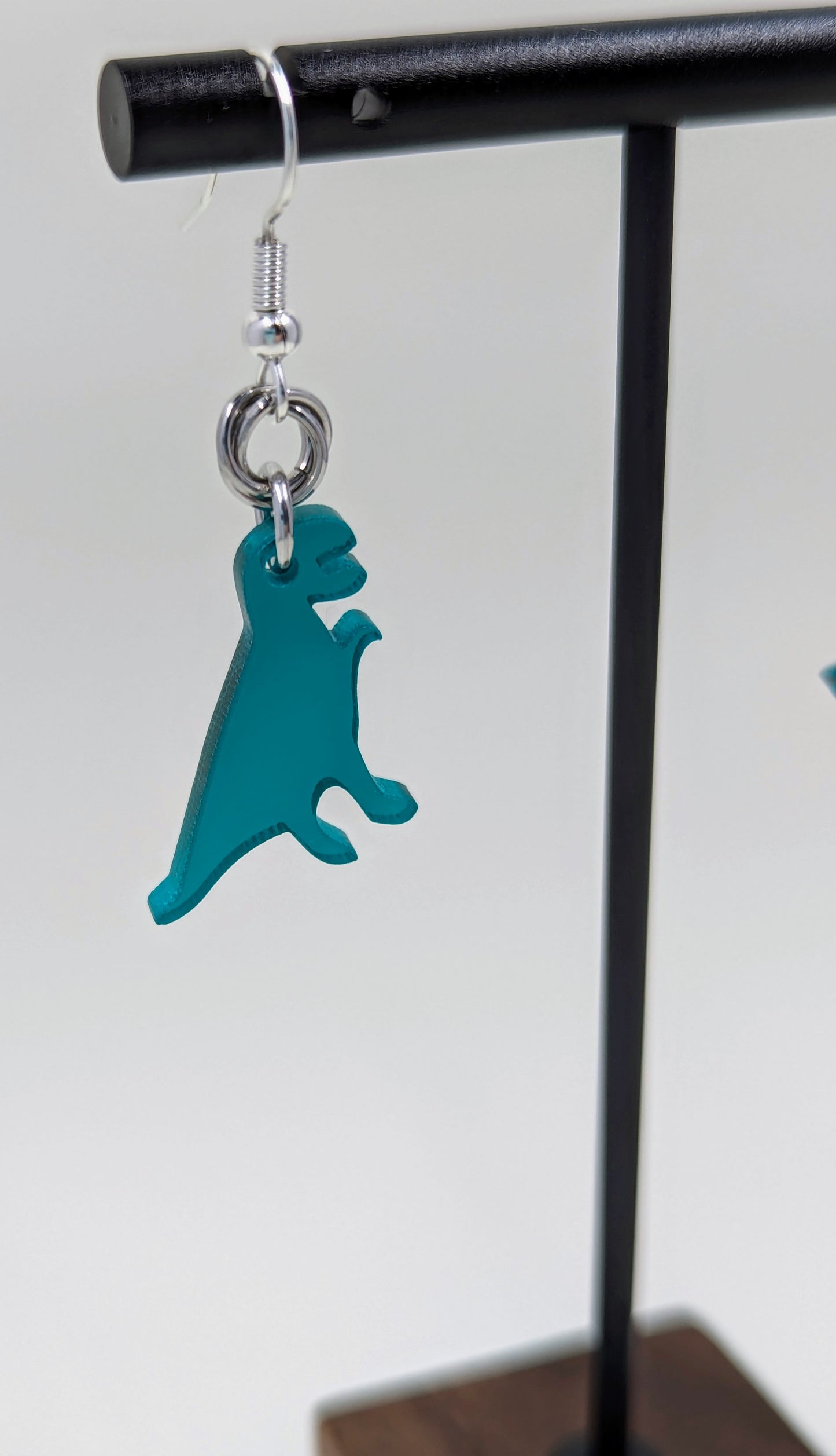Handmade Mobius Chainmaille Drop Earrings with Green Dinosaur Charm