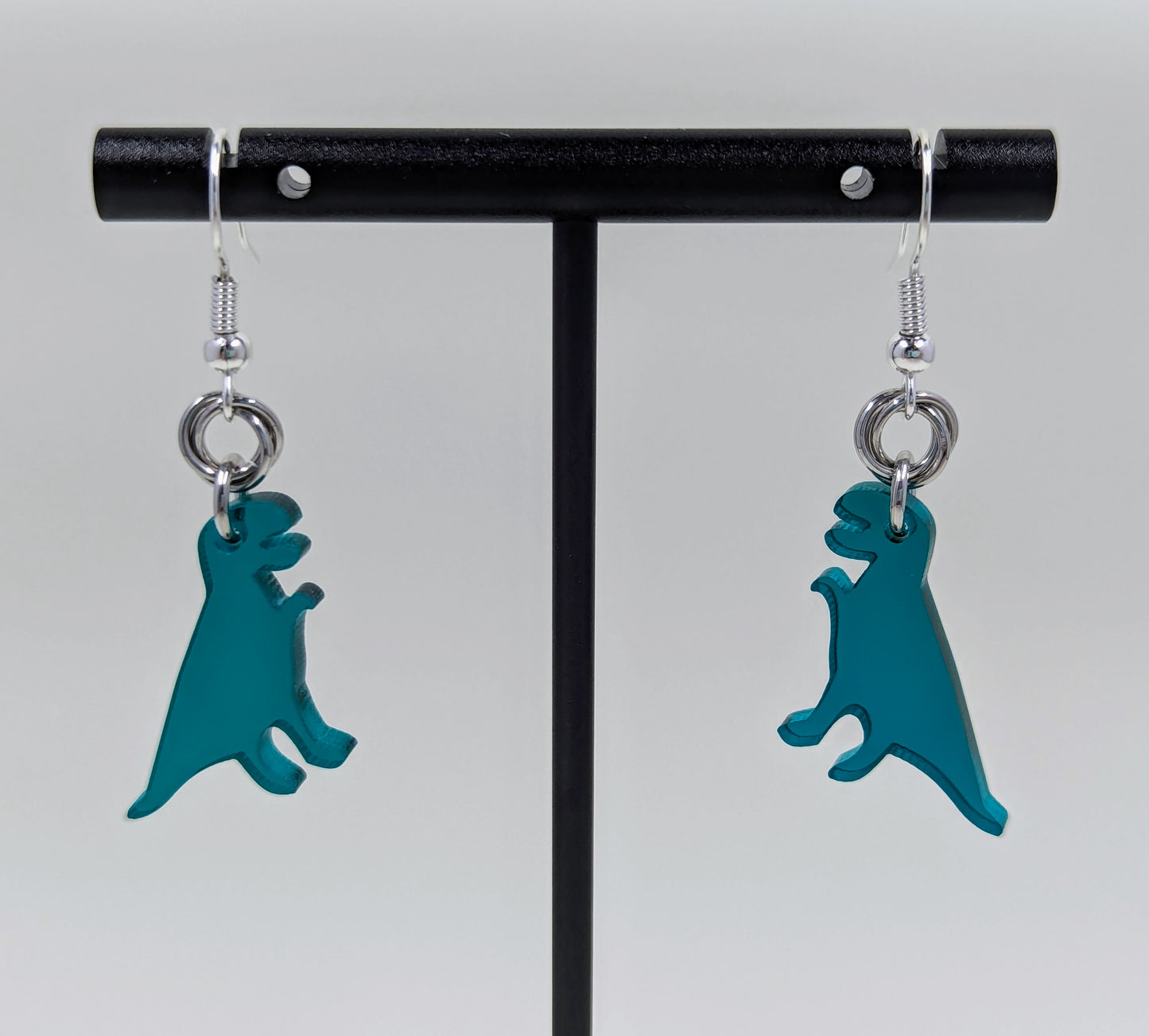 Handmade Mobius Chainmaille Drop Earrings with Green Dinosaur Charm