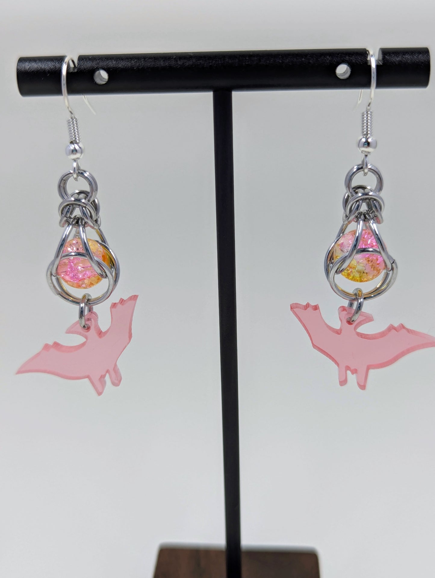 Handmade Captive Bead Chainmaille Drop Earrings with Dinosaur Charm