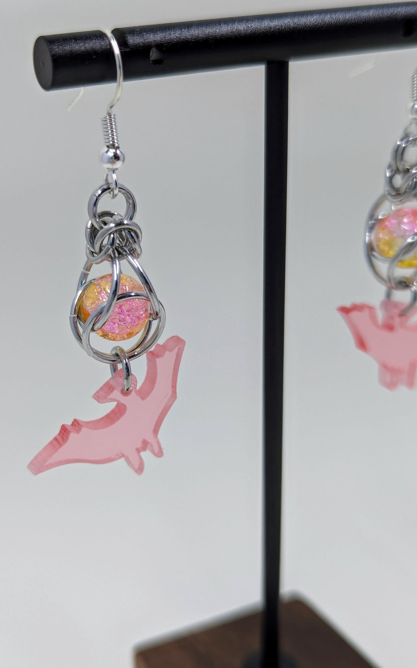 Handmade Captive Bead Chainmaille Drop Earrings with Dinosaur Charm