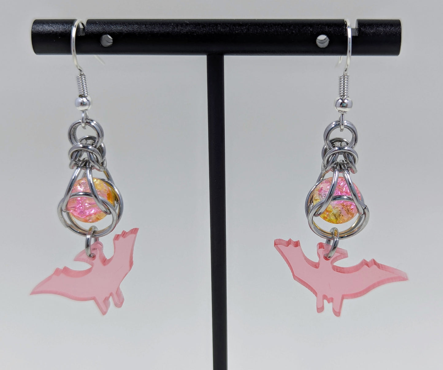 Handmade Captive Bead Chainmaille Drop Earrings with Dinosaur Charm