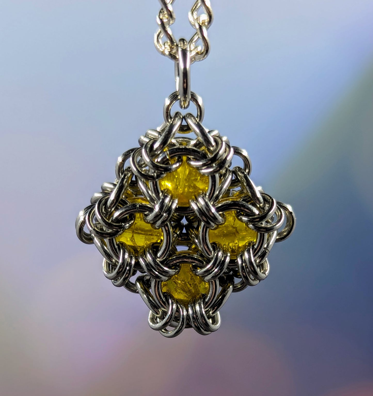 Stained Glass Chainmaille Pendant Necklace - Colored Glass Beads