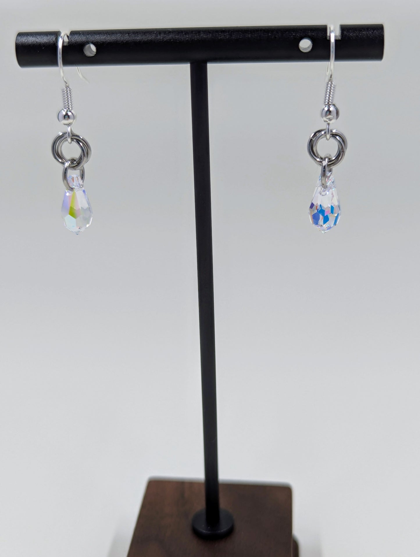 Handmade Mobius Chainmaille Earrings with Water Drop Crystal Charms