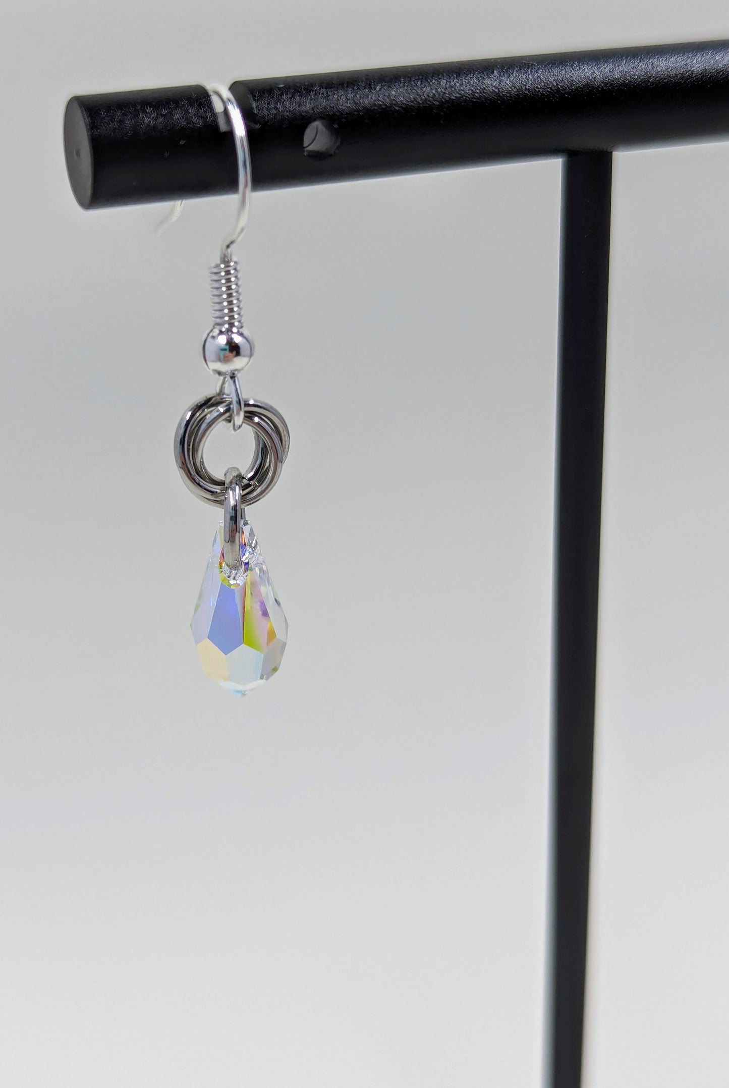 Handmade Mobius Chainmaille Earrings with Water Drop Crystal Charms