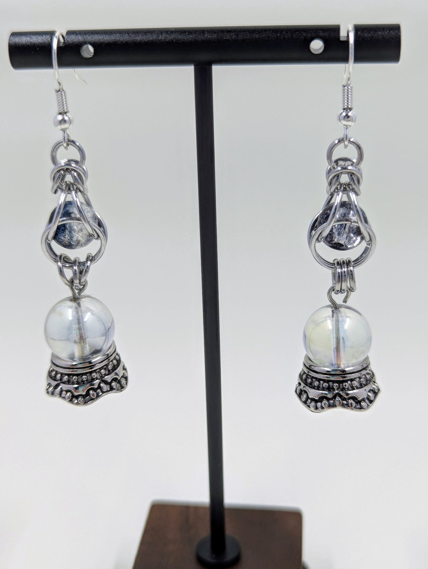 Handmade Captive Bead Chainmaille Drop Earrings with Crystal Ball Charm