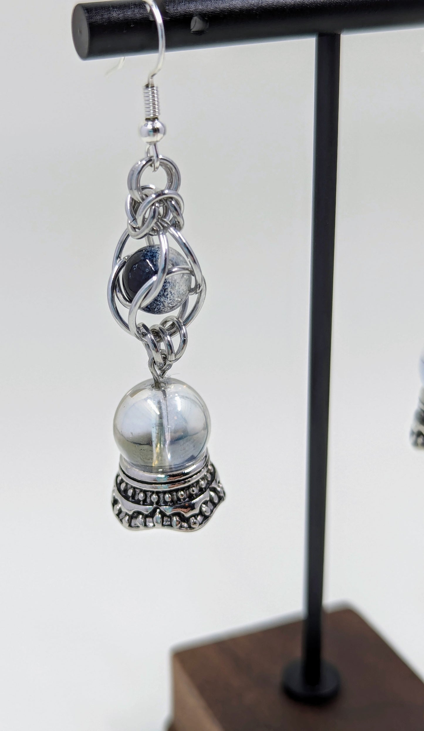 Handmade Captive Bead Chainmaille Drop Earrings with Crystal Ball Charm