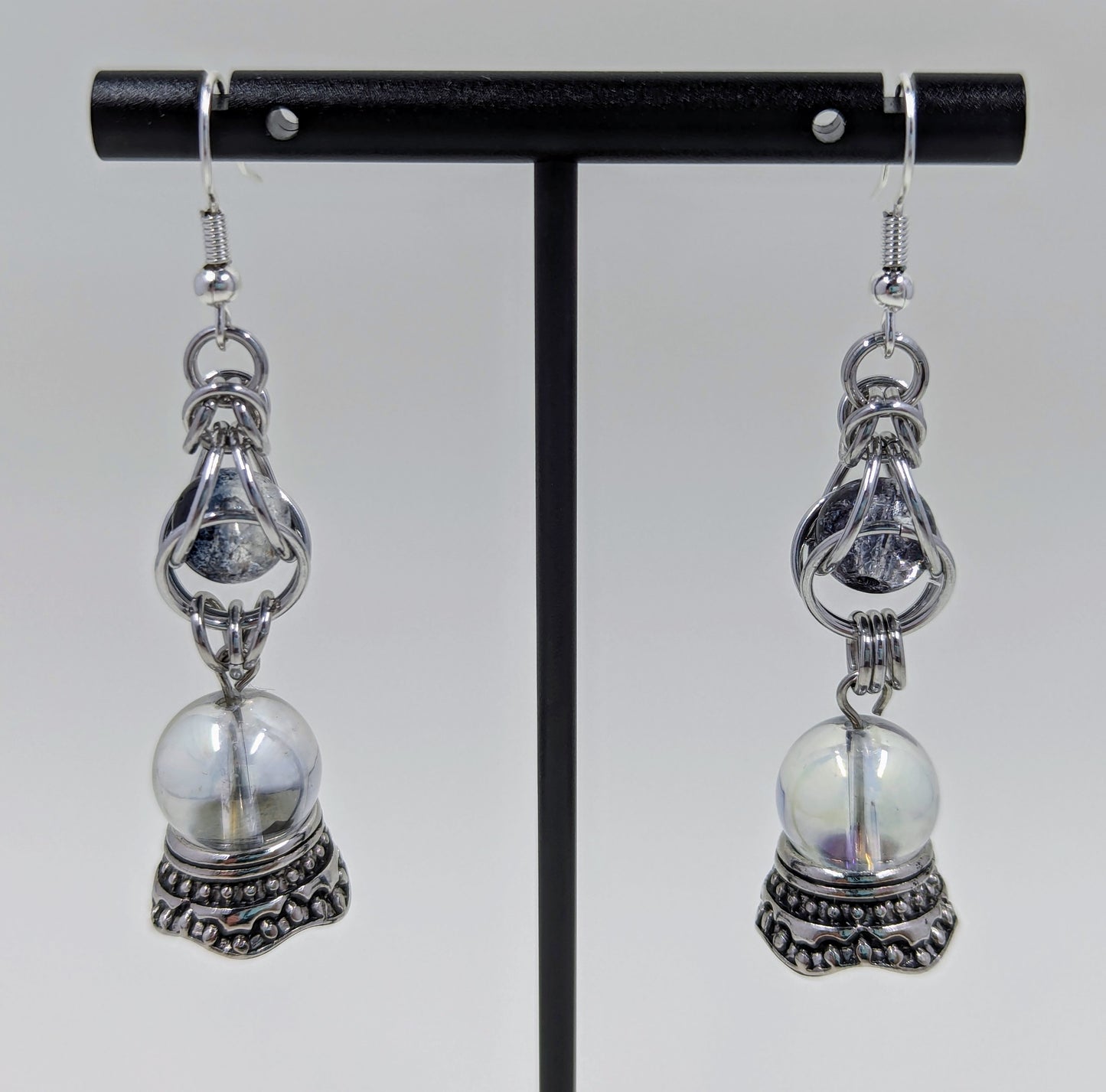 Handmade Captive Bead Chainmaille Drop Earrings with Crystal Ball Charm