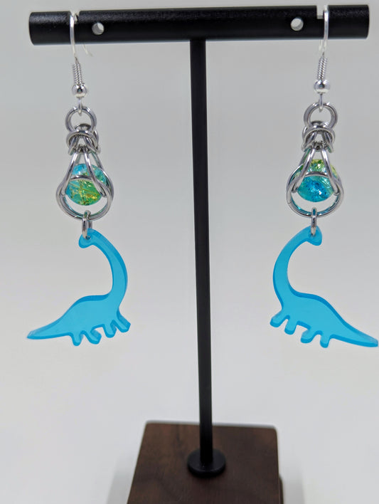 Handmade Captive Bead Chainmaille Drop Earrings with Dinosaur Charm