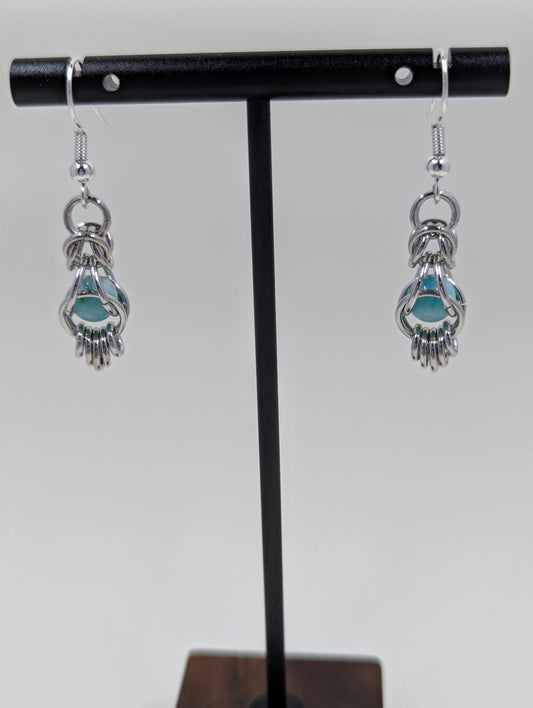 Handmade Peruvian Amazonite Captured Bead Chainmaille Drop Earrings