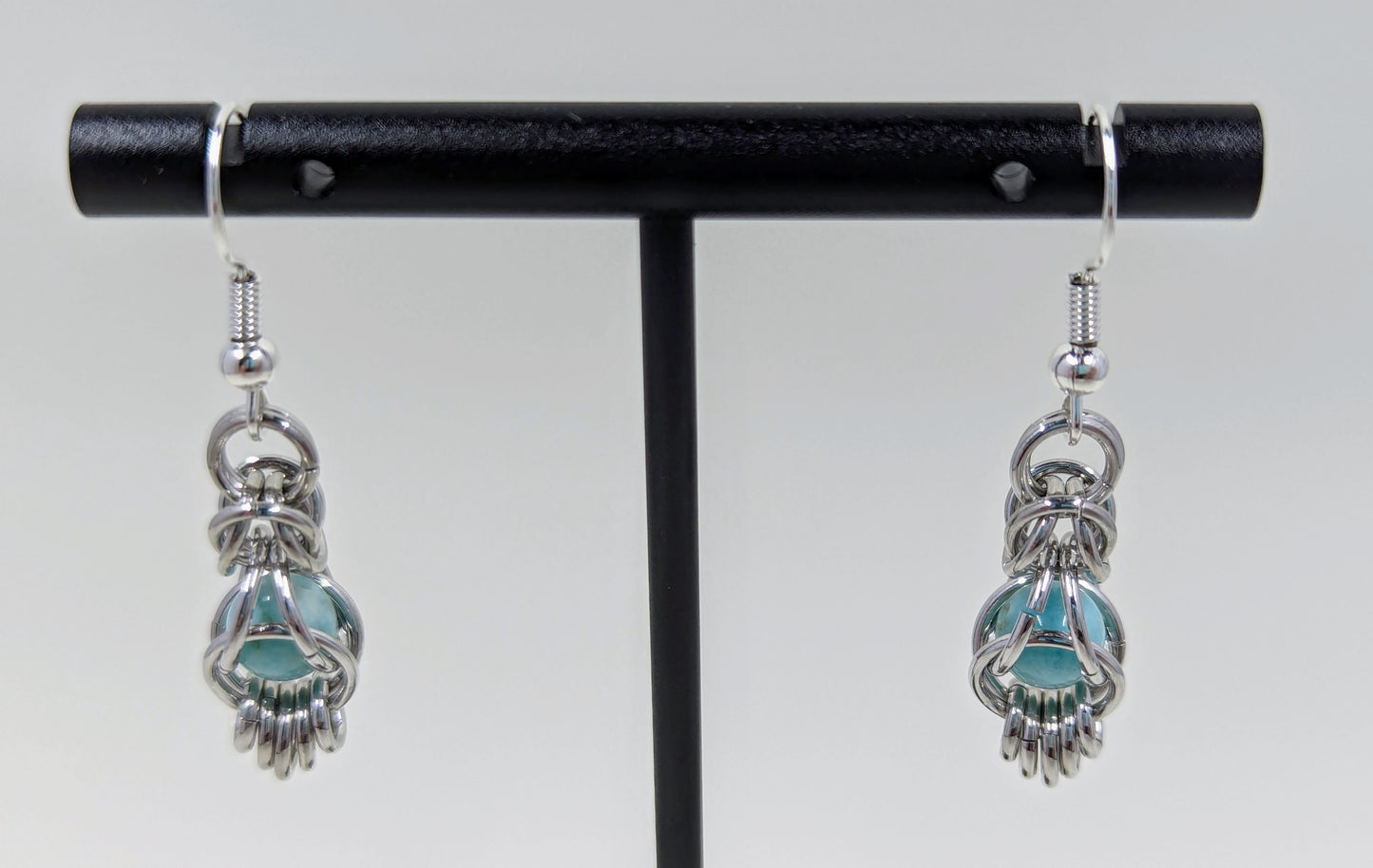 Handmade Peruvian Amazonite Captured Bead Chainmaille Drop Earrings