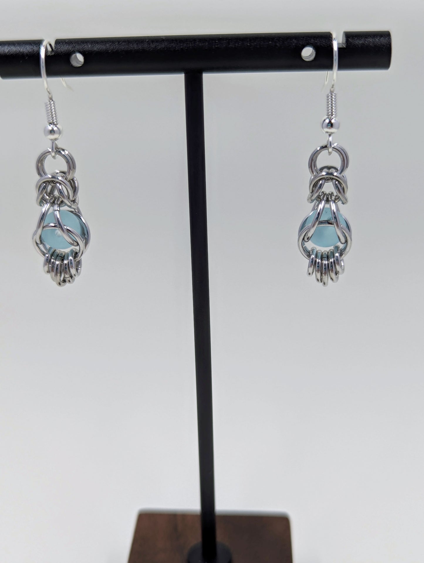 Handmade Seafoam Glass Captured Bead Chainmaille Drop Earrings