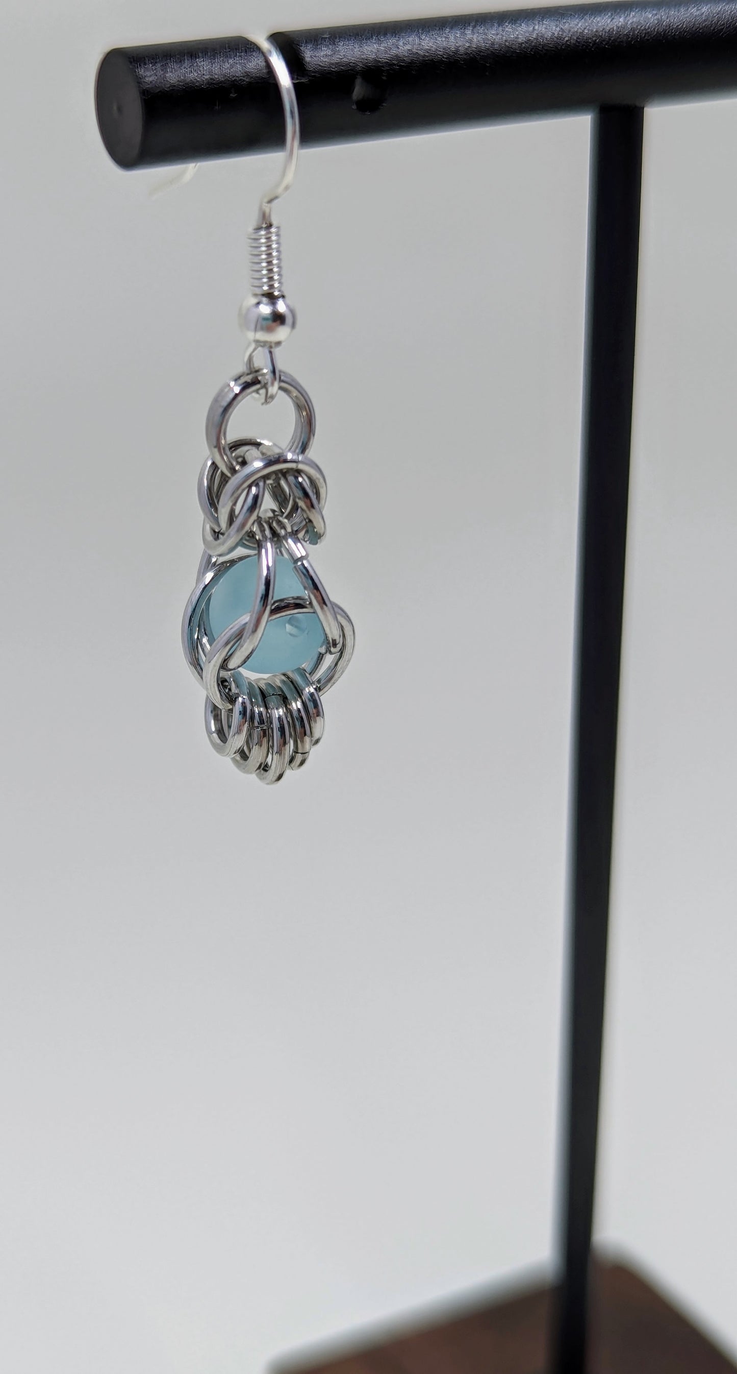 Handmade Seafoam Glass Captured Bead Chainmaille Drop Earrings