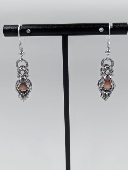 Handmade Pink Zebra Jasper Captured Bead Chainmaille Drop Earrings