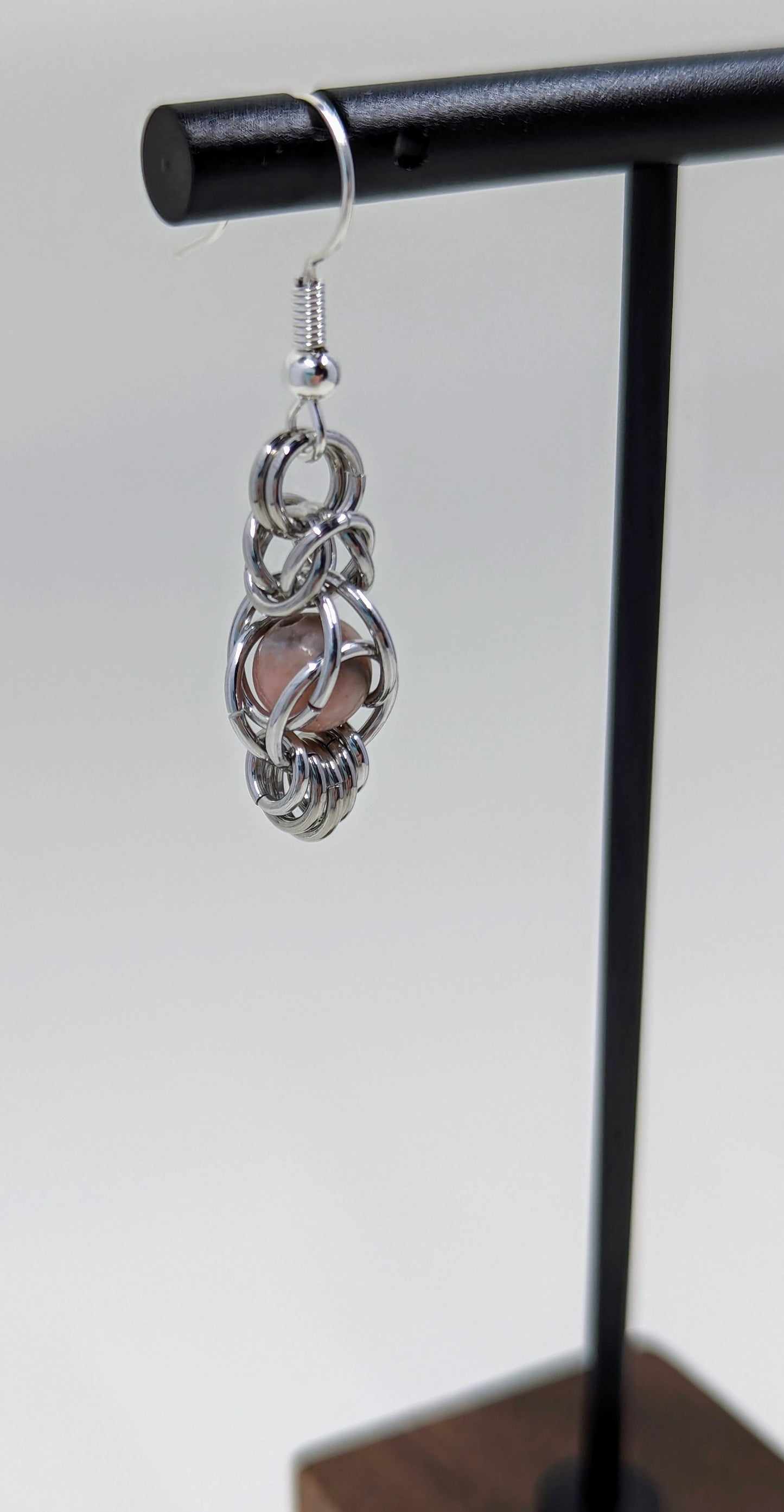 Handmade Pink Zebra Jasper Captured Bead Chainmaille Drop Earrings