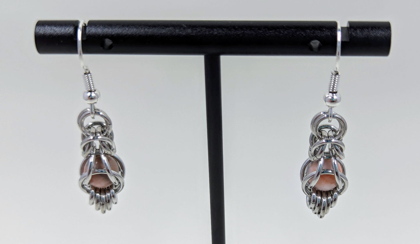 Handmade Pink Zebra Jasper Captured Bead Chainmaille Drop Earrings