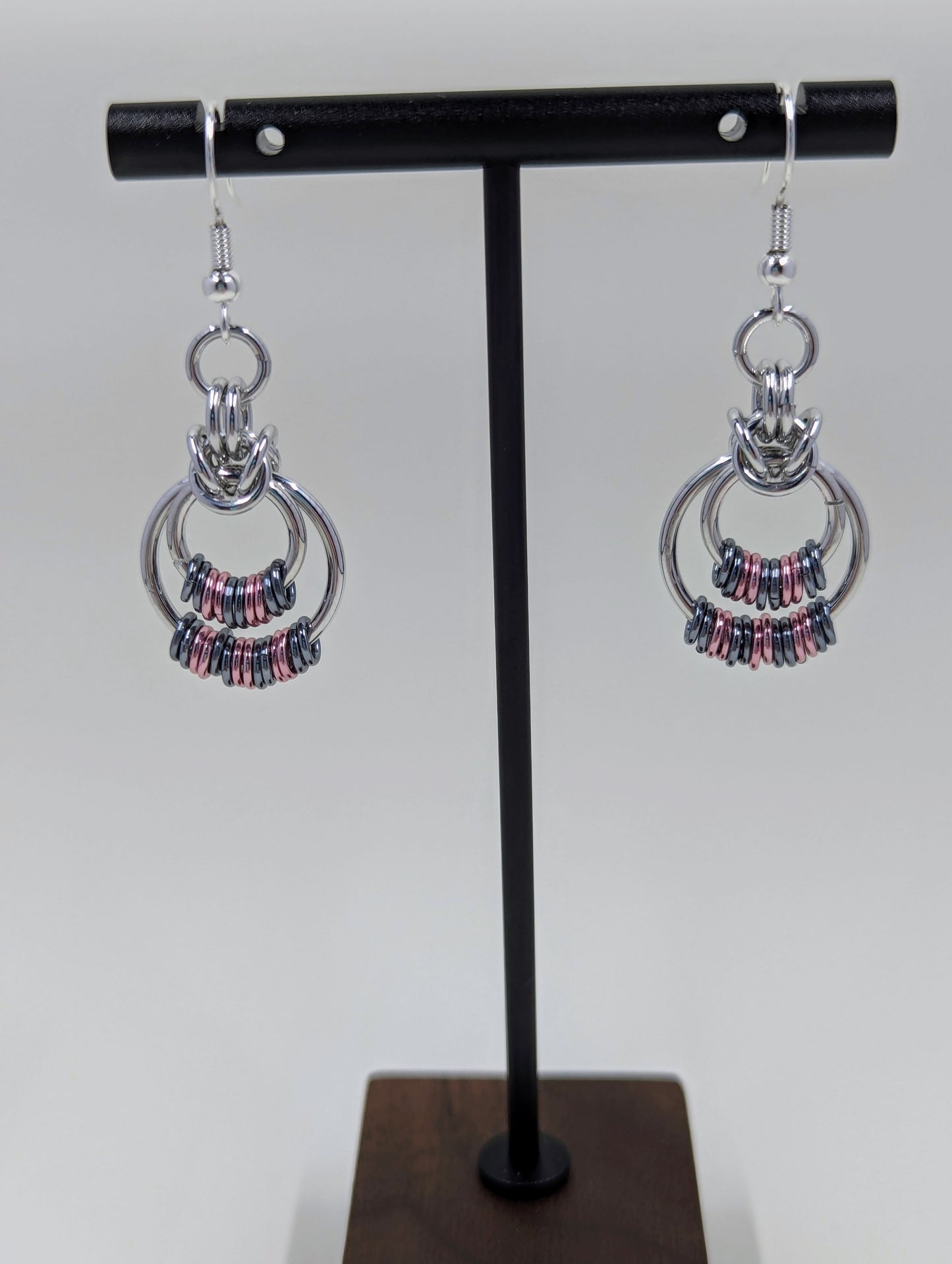 Handmade Pink and Black Ice Chainmaille Earrings