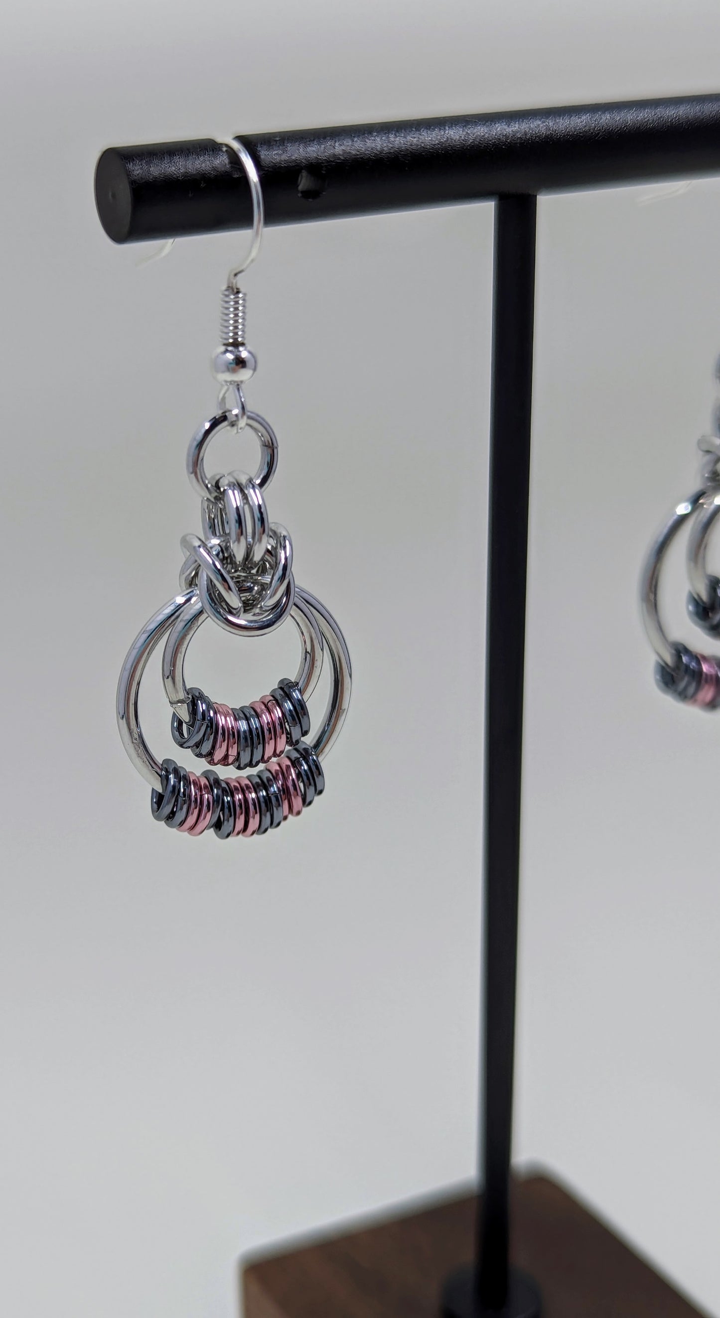 Handmade Pink and Black Ice Chainmaille Earrings