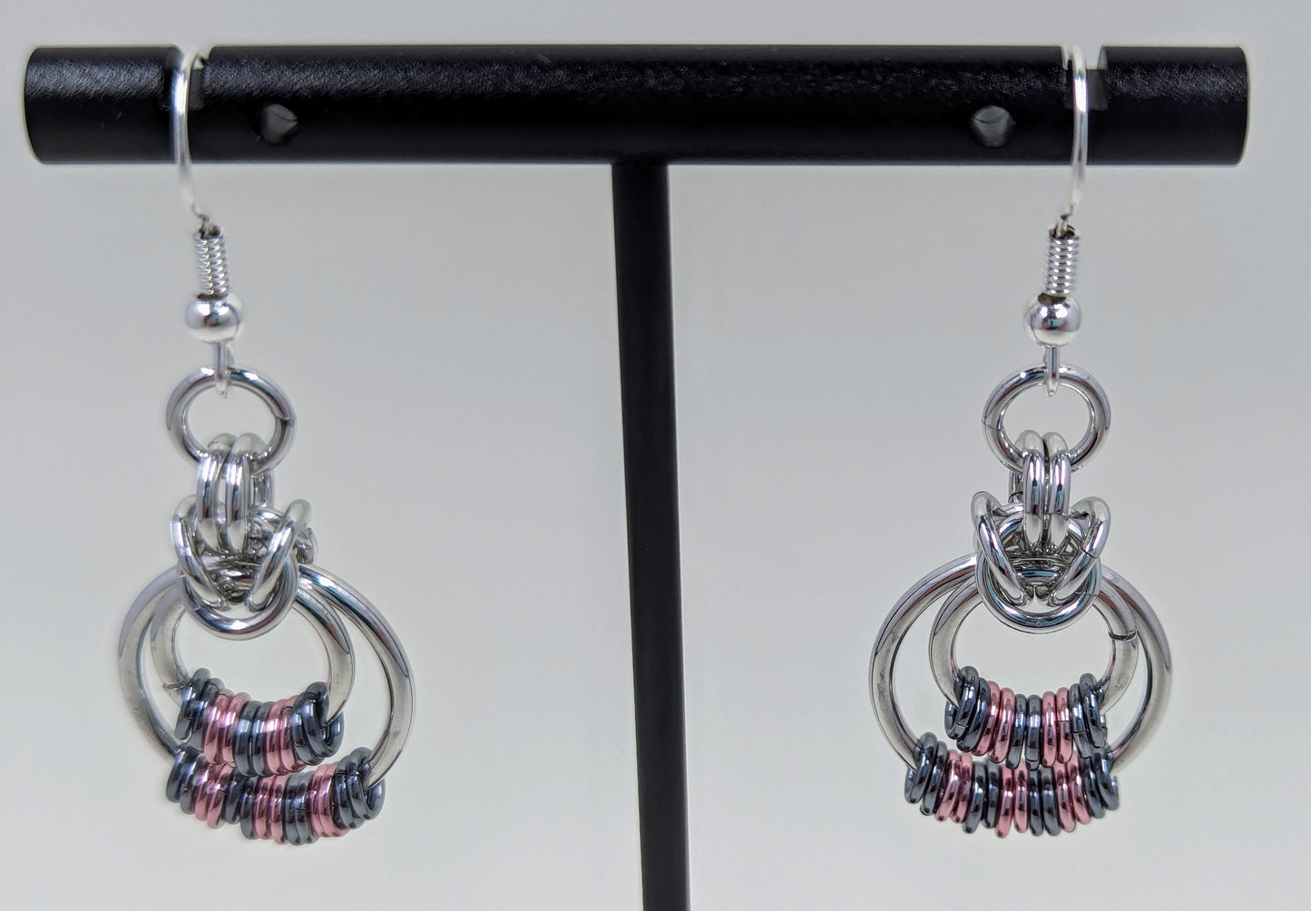 Handmade Pink and Black Ice Chainmaille Earrings